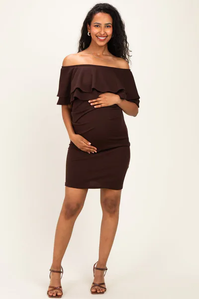 PinkBlush Brown Off Shoulder Ruched Maternity Dress