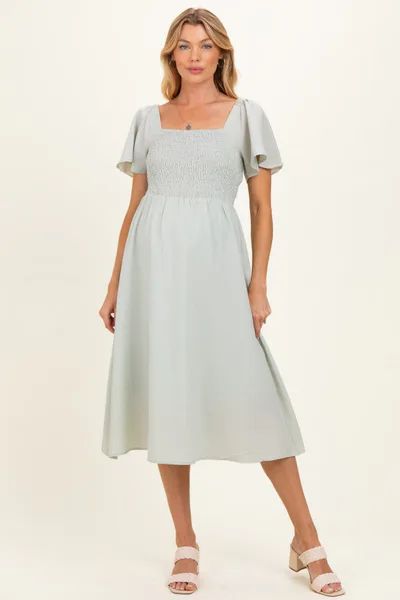 PinkBlush Light Sage Gingham Smocked Maternity Midi Dress