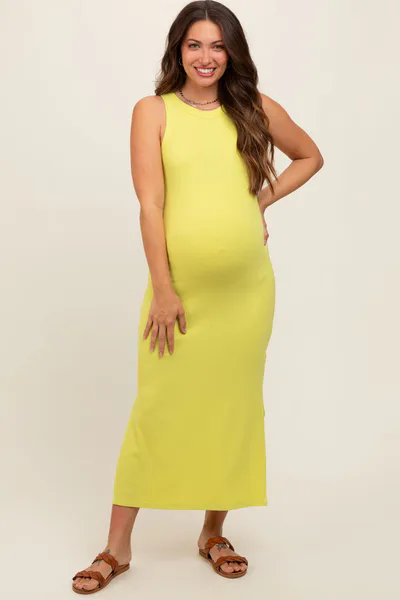 PinkBlush Yellow Ribbed Maternity Side Slit Tank Dress