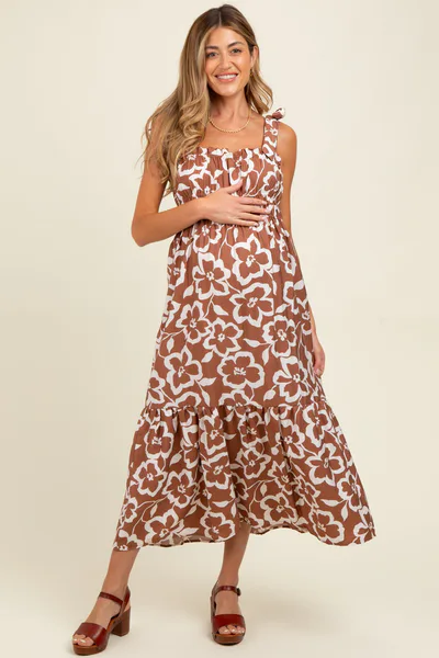 PinkBlush Mocha Floral Tiered Shoulder Tie Maternity Midi Dress