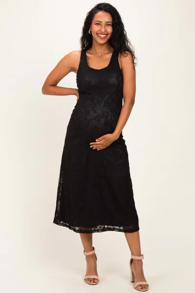 PinkBlush Black Floral Jacquard Mesh Maternity Midi Dress