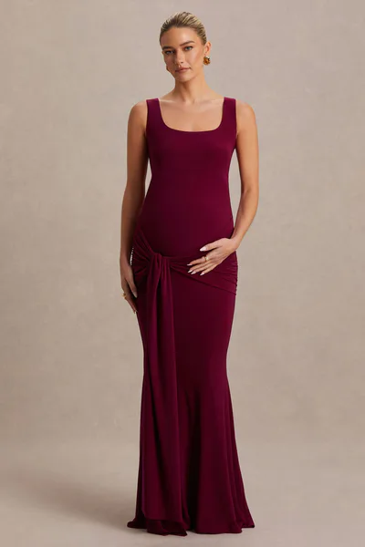 Club L London Baylin | Burgundy Square-Neck Maternity Maxi Dress With Ruched Detailing And Sash