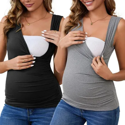 Target INSPIRE CHIC Women's 2 Pcs Crossover Ruched Maternity Sleeveless Basic Shirt Tank Nursing Tops Medium Black&Gray