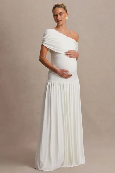 Club L London Noah | White Asymmetric-Neck Maternity Maxi Dress With Drop-Waist