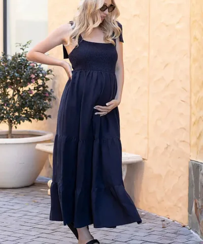 Bump City The Lilliana Maternity Maxi Linen Dress in Navy