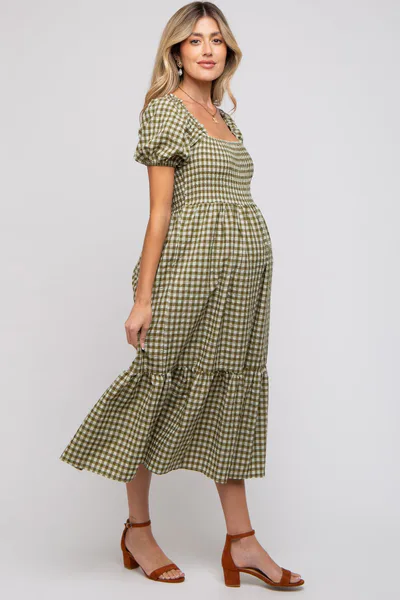 PinkBlush Olive Gingham Smocked Maternity Midi Dress
