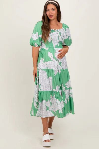 PinkBlush Green Floral Smocked Front Tie Cutout Maternity Maxi Dress