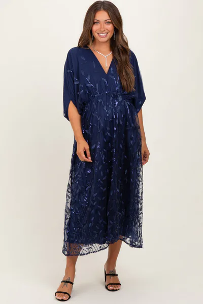 PinkBlush Navy Embroidered Tulle Dolman V-Neck Maternity Midi Dress