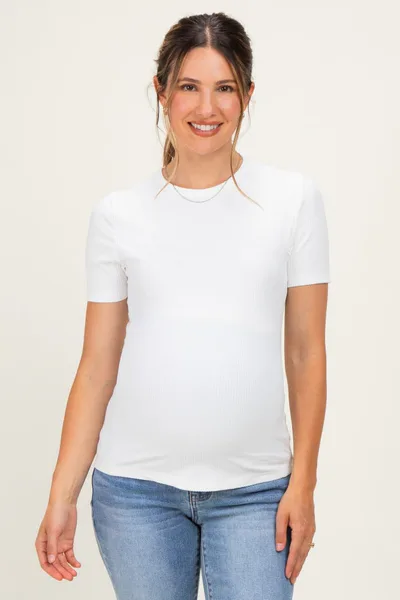 PinkBlush Off White Brushed Ribbed Knit Maternity Crewneck Tee