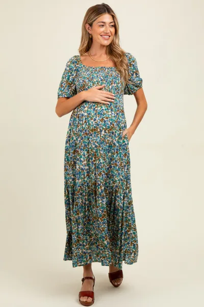 PinkBlush Blue Floral Smocked Tiered Maternity Midi Dress
