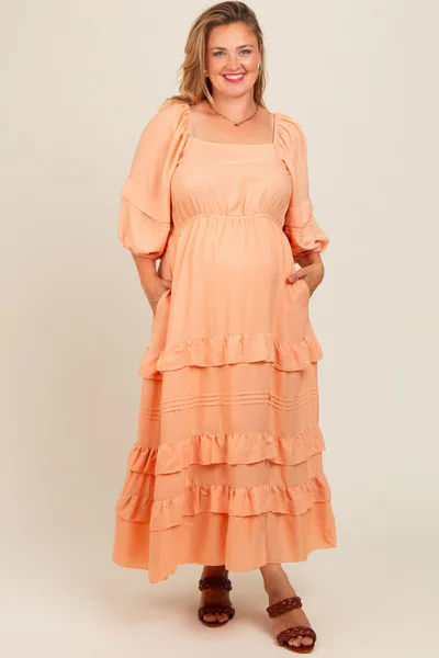 PinkBlush Peach Square Neck Ruffle Tiered Maternity Plus Maxi Dress