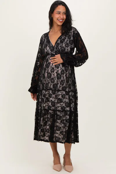 PinkBlush Black Floral Lace Long Sleeve V-Neck Maternity Maxi Dress