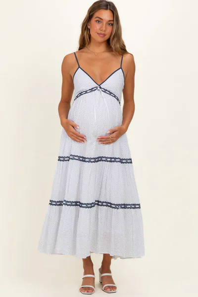 PinkBlush Off-White Printed Lace Tiered Maternity Maxi Dress