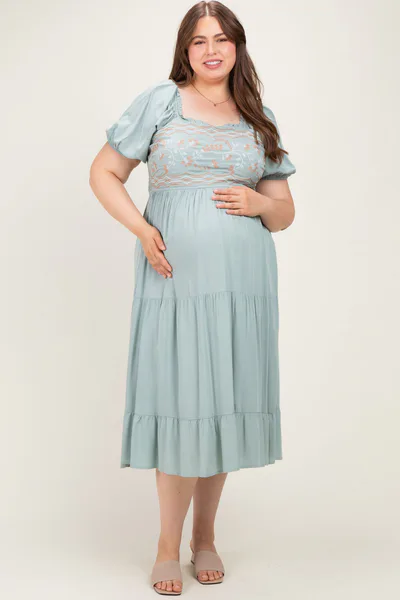 PinkBlush Sage Embroidered Ruffle Accent Maternity Plus Midi Dress