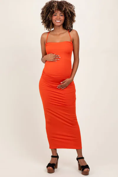 PinkBlush Orange Ruched Double Layered Maternity Maxi Dress