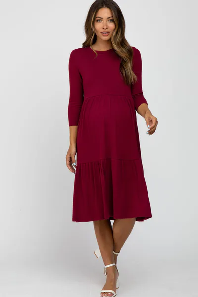 PinkBlush Burgundy Tiered Ribbed 3/4 Sleeve Maternity Midi Dress