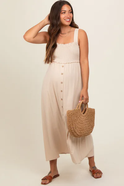 PinkBlush Beige Button Down Smocked Maternity Dress
