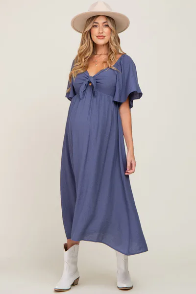 PinkBlush Navy Front Tie Ruffle Sleeve Maternity Midi Dress