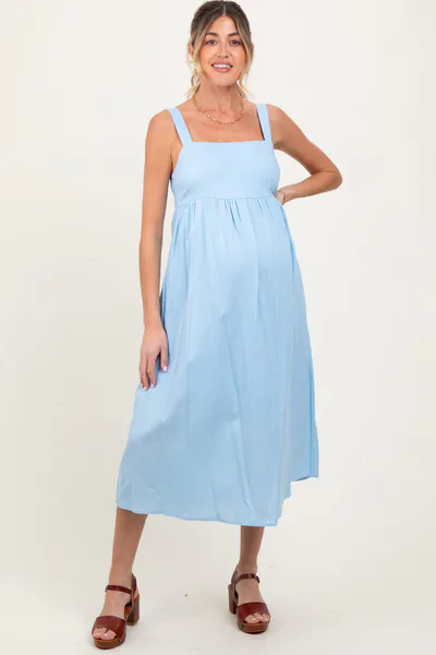 PinkBlush Blue Linen Blend Square Neck Maternity Midi Dress