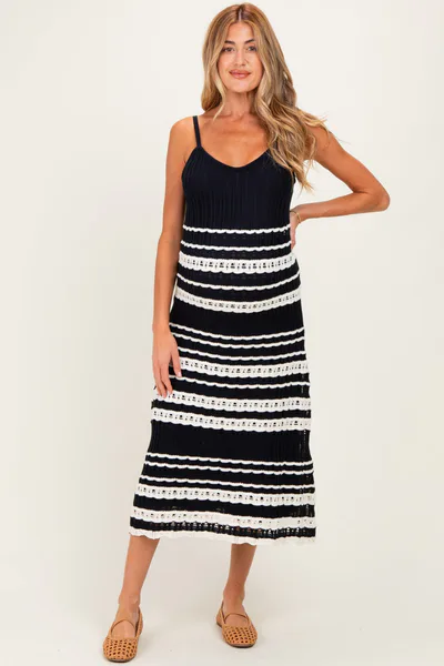 PinkBlush Navy Sleeveless Striped Crochet Maternity Dress