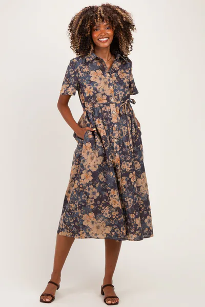 PinkBlush Navy Blue Floral Button Up Maternity Midi Dress