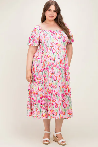 PinkBlush Pink Floral Square Neck Babydoll Plus Maxi Dress