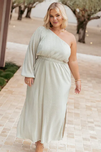 Petal & Pup Pontee One Shoulder Pleated Midi Dress - Sage Green