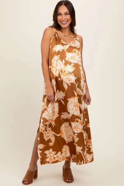 PinkBlush Mocha Floral Ruched Strap V-Neck Maternity Midi Dress