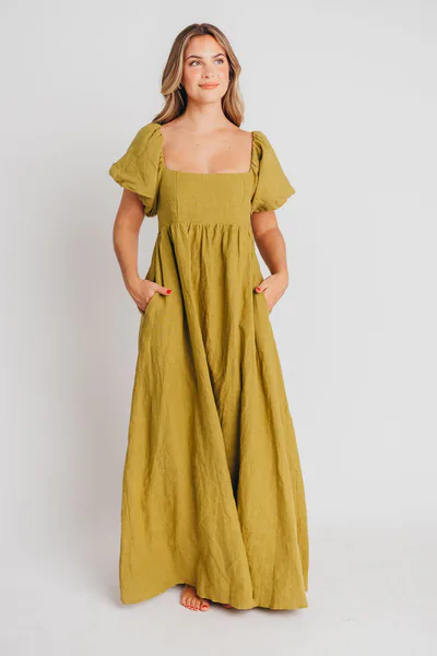 Worth Collective Candace Maxi Dress in Olive - 100% Linen - Bump Friendly