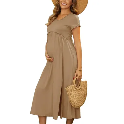Target INSPIRE CHIC Women's Maternity Dress Midi Short Sleeves ruffled Pleating Pregnancy Dresses for Photoshoot Flowy Casual 2026 Summer X-Large Khaki