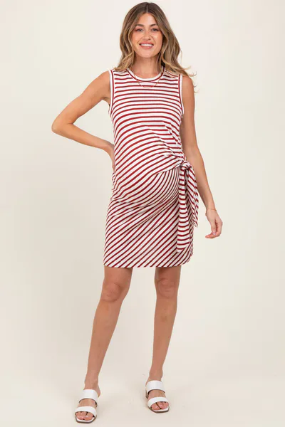 PinkBlush Red Striped Sleeveless Side Tie Maternity Mini Dress