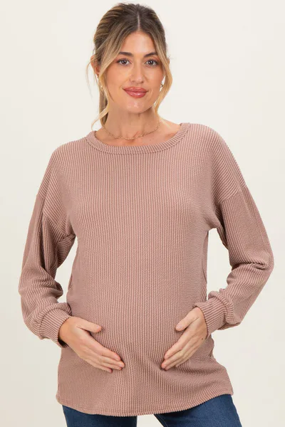 PinkBlush Taupe Puff Sleeve Solid Ribbed Maternity Top