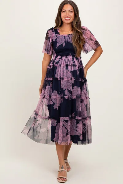 PinkBlush Navy Smocked Top Mesh Ruffled Maternity Midi Dress