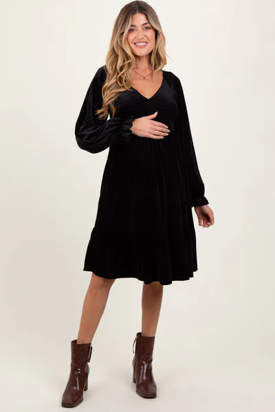 PinkBlush Black Velvet Smocked Maternity Long Sleeve Dress