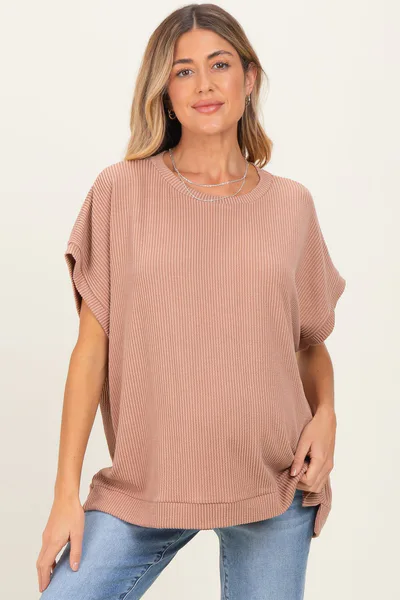 PinkBlush Brown Solid Ribbed Short Sleeve Oversized Maternity Tunic Top
