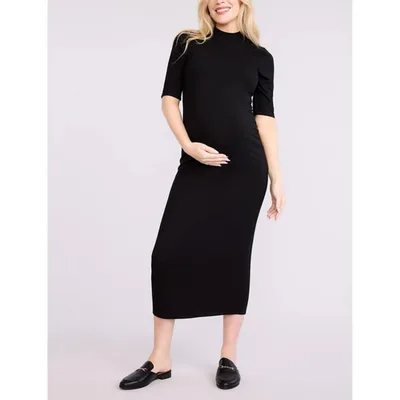 Target Women's Mock Neck 3/4 Sleeve Ribbed Maternity Maxi Dress - Black - Size: Small - Motherhood Maternity