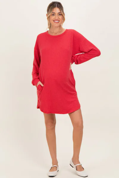 PinkBlush Red Rib Knit Long Sleeve Maternity Dress