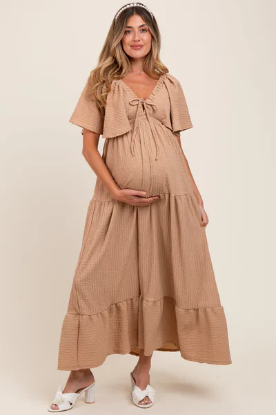 PinkBlush Taupe Woven Textured Flutter Sleeve V-Neck Tiered Maternity Maxi Dress