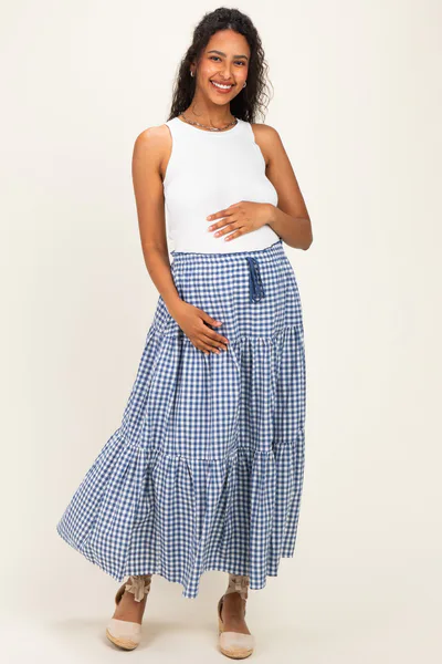 PinkBlush Navy Gingham Tiered Maternity Maxi Skirt