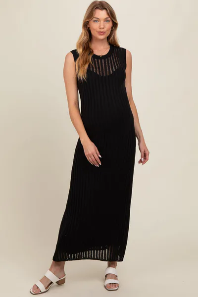 PinkBlush Black Sheer Knit Layered Maternity Maxi Dress