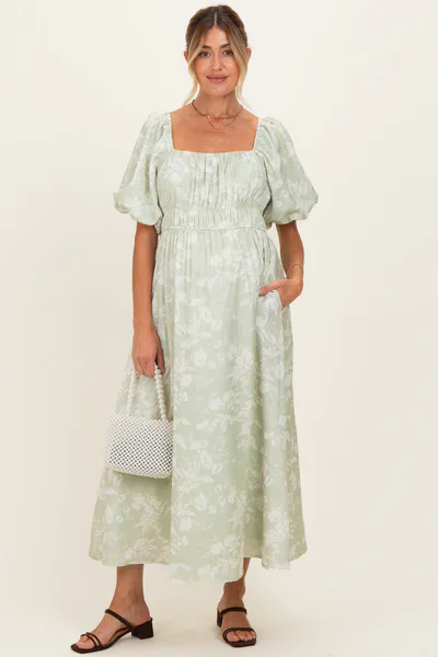 PinkBlush Sage Puff Sleeve Smocked Waist Maternity Midi Dress