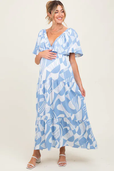 PinkBlush Blue Sleeveless Smocked Back Printed Maternity Maxi Dress