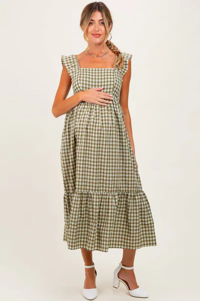 PinkBlush Olive Gingham Ruffle Strap Maternity Midi Dress