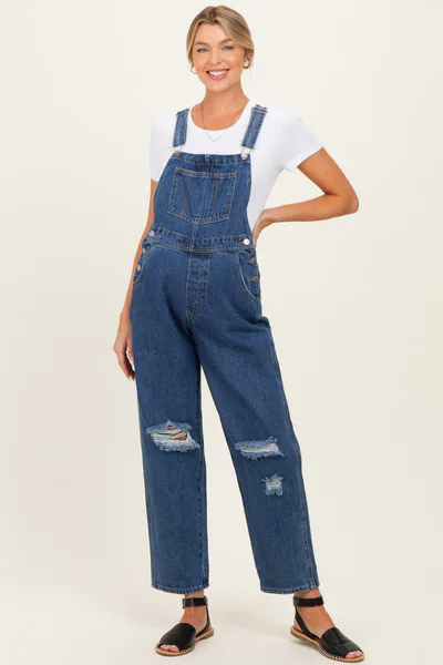 PinkBlush Navy Distressed Denim Maternity Overalls