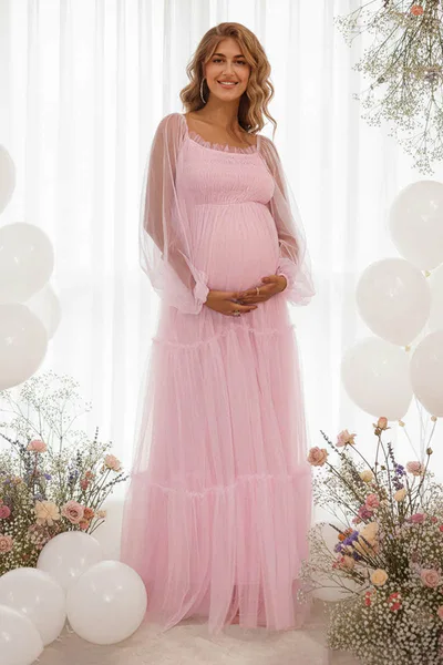 Summer Mae Summer Mae Tiered Maternity Maxi Dress | Smocked Bust Sheer Sleeve Bump Friendly Baby Shower Gown