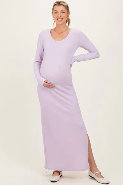 PinkBlush Lavender Ribbed Long Sleeve Side Slit Maternity Maxi Dress