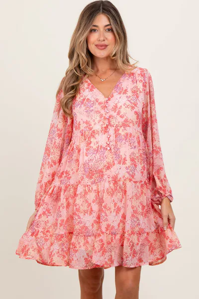 PinkBlush Pink Floral Chiffon Babydoll Long Sleeve Maternity Dress