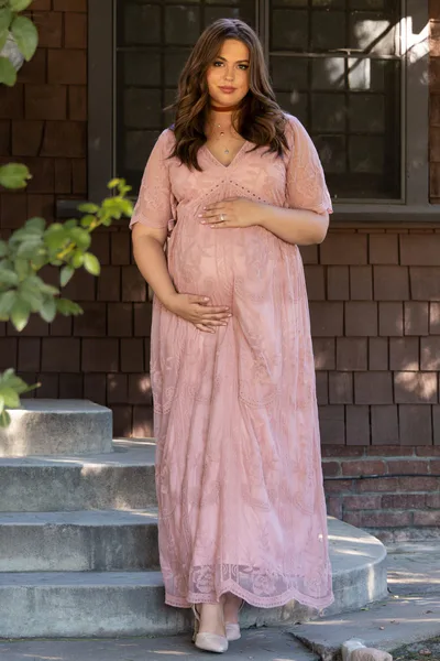 PinkBlush PinkBlush Light Pink Lace Mesh Overlay Plus Maternity Maxi Dress