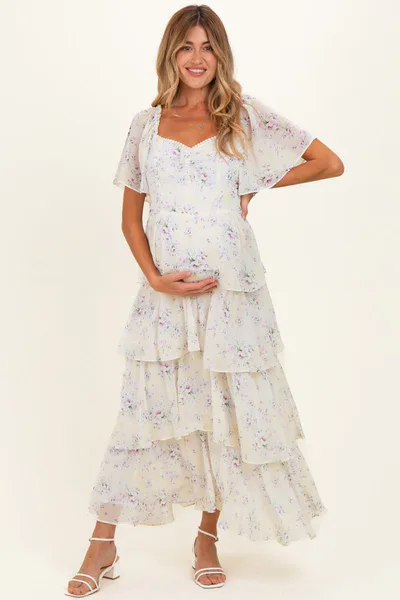 PinkBlush Lemon Floral Flounce Tiered Maternity Maxi Dress