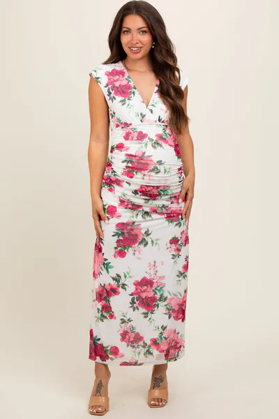 PinkBlush Pink Floral Mesh Ruched Sides Maternity Maxi Dress